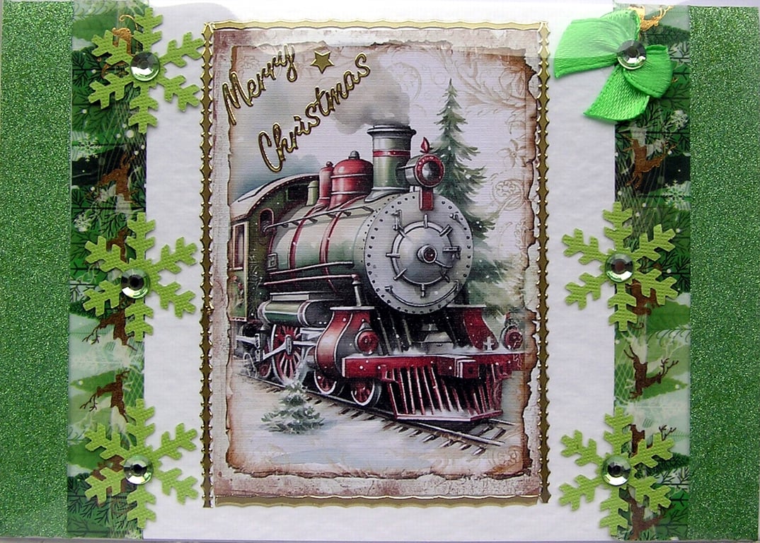 Hand Crafted Decoupage Chistmas Card - Merry Christmas (2716) - Steam Train