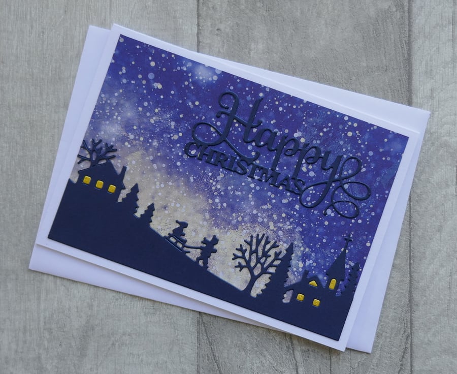 Children Sledging with Beige Winter Sky - Happy Christmas - Greetings Card