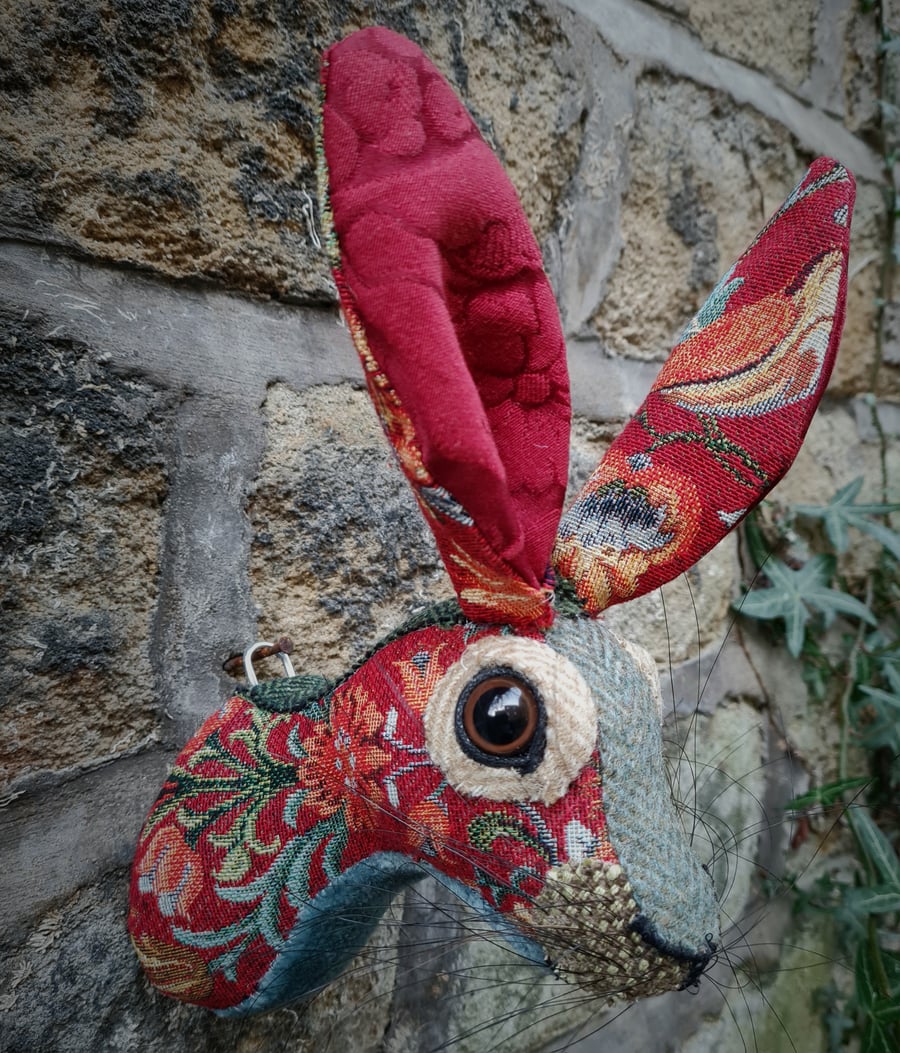 Faux hare head wall mount in red William Morris style fabric