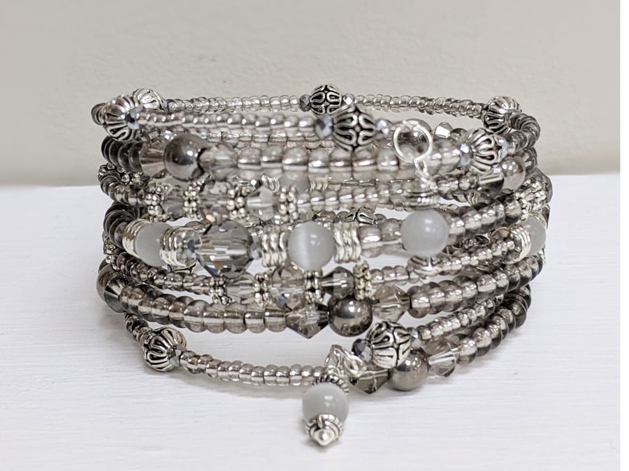  Sparkly Glass Crystal Memory Wire Bracelet, Beaded Cuff Bangle