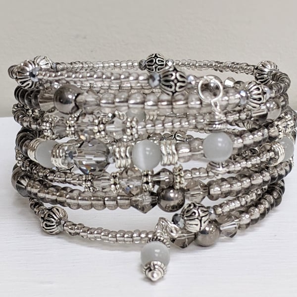  Sparkly Glass Crystal Memory Wire Bracelet, Beaded Cuff Bangle