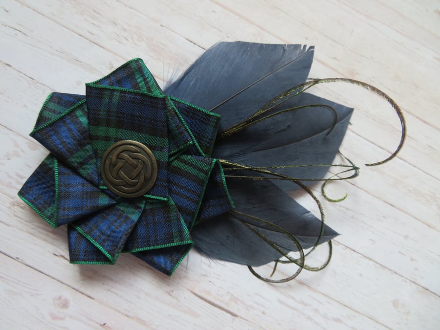 Black Watch Tartan Ruffle Celtic Button and Navy Blue Feather Hat Hair Clip