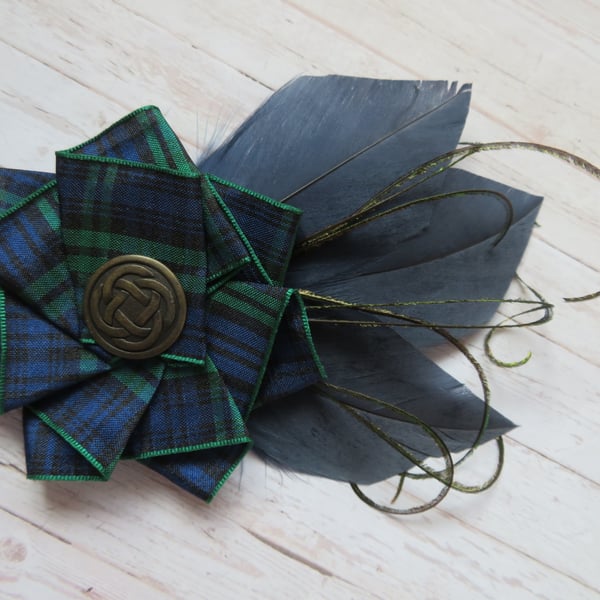 Black Watch Tartan Ruffle Celtic Button and Navy Blue Feather Hat Hair Clip