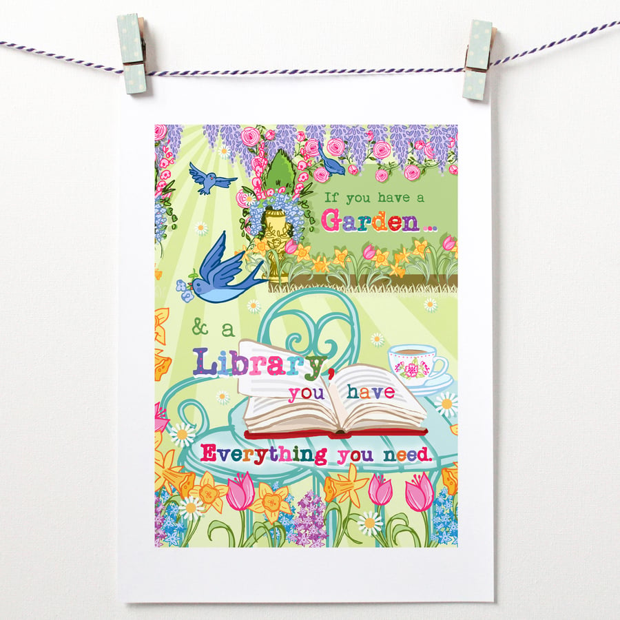 'If You Have a Garden and a Library' A4 UnFramed Illustration Print