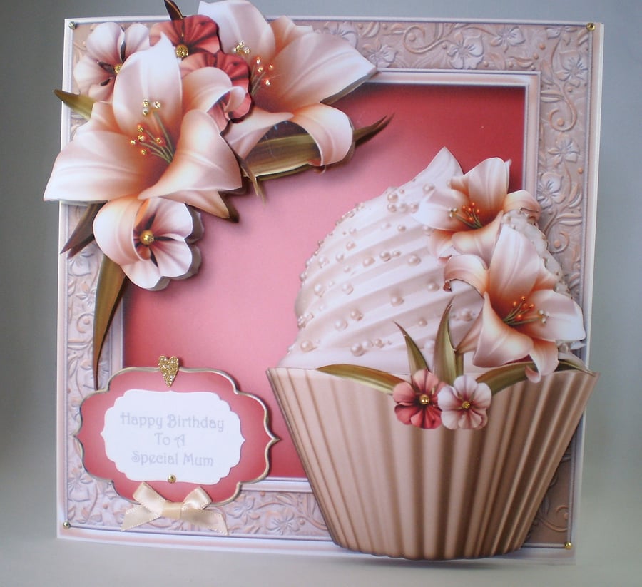 Personalised Handmade Large Birthday Card,Mum, Cupcake,Flowers, 3D ,Decoupage