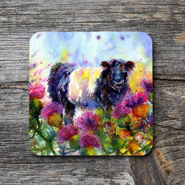 Belted Galloway cow coaster, Scottish Thistles.