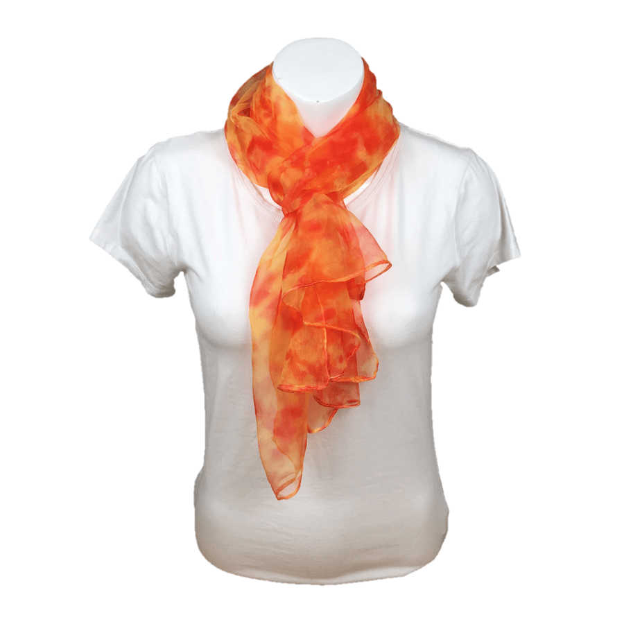 Scarf, silk chiffon scarf hand dyed in red, orange and yellow
