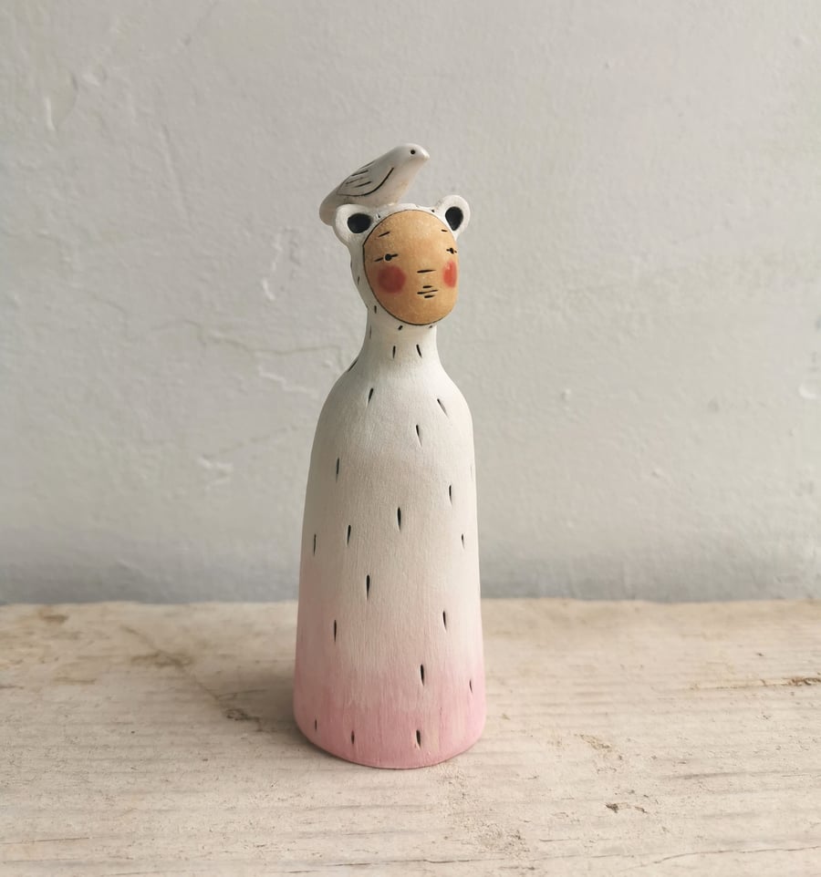 Ceramic miniature figurine Peculiar Person in ombre pink and bird