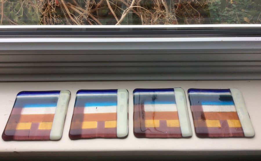 Fused Glass City and Sky Coasters or Suncatchers- Set of 4 