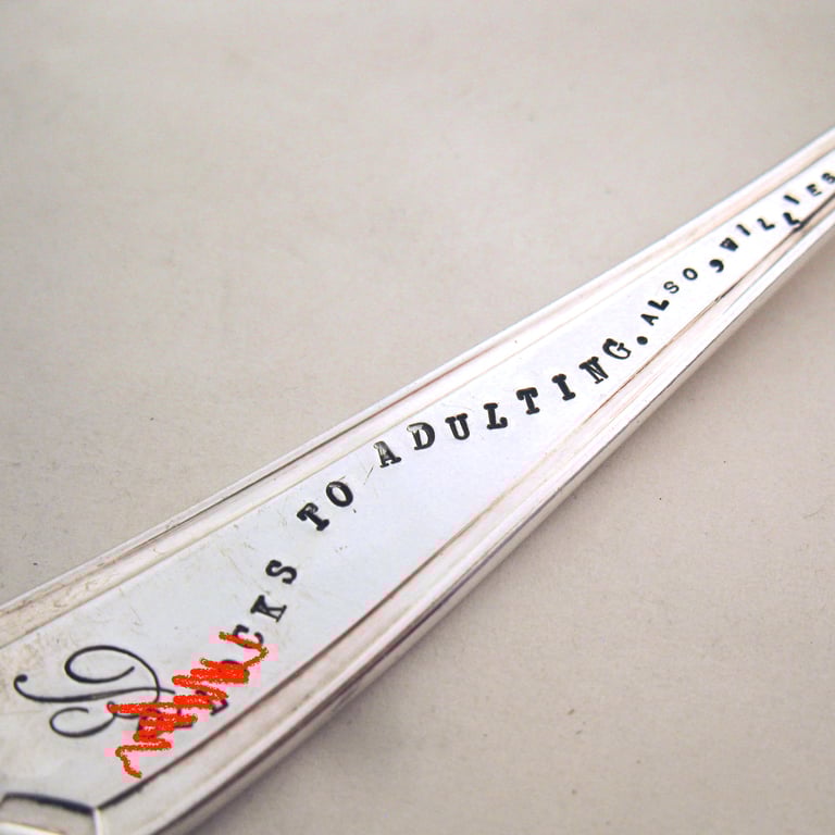 Rude tablespoon, B-ll-cks to Adulting, Also W-llies, handstamped on handle