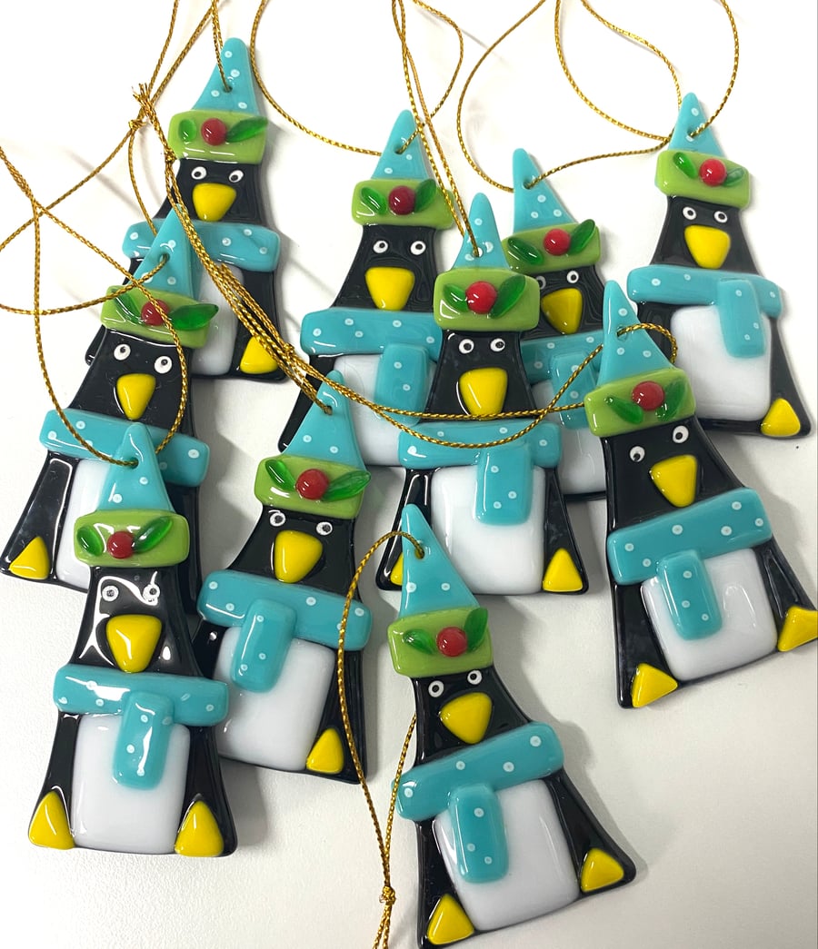 Fused glass penguins - glass Christmas decorations 