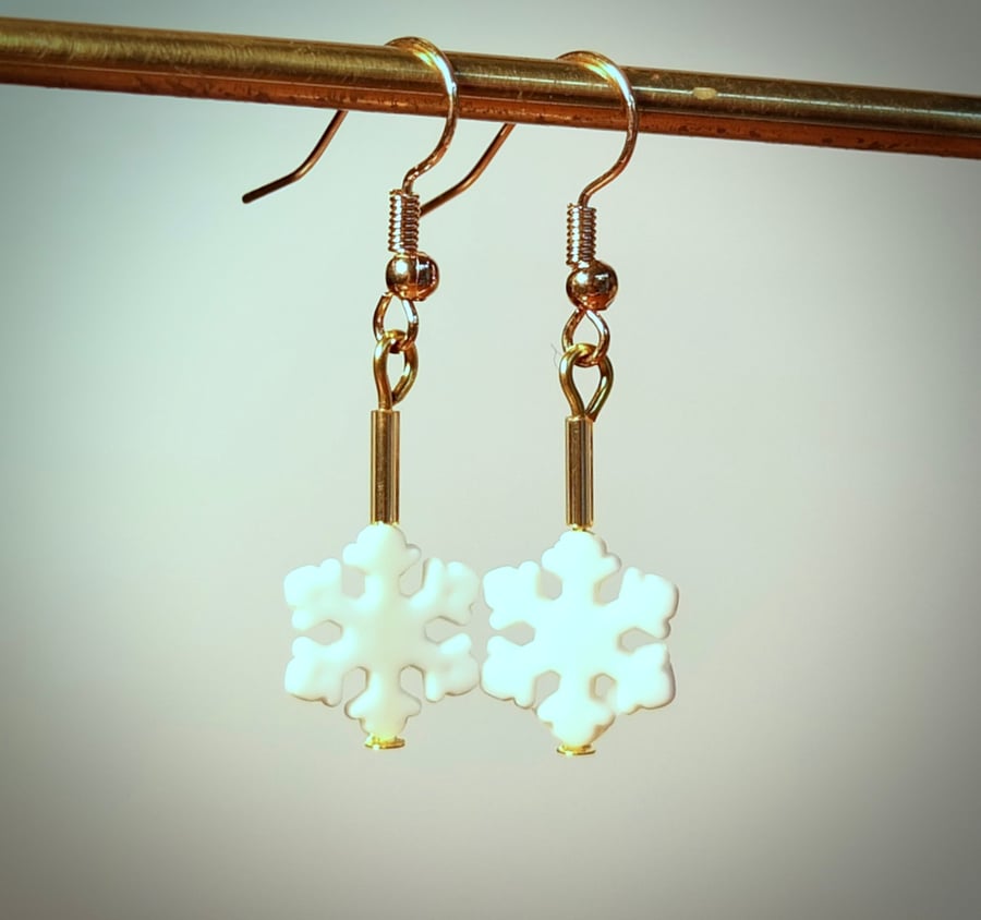 Snowflake Christmas Earrings On Gold Plated Wires.