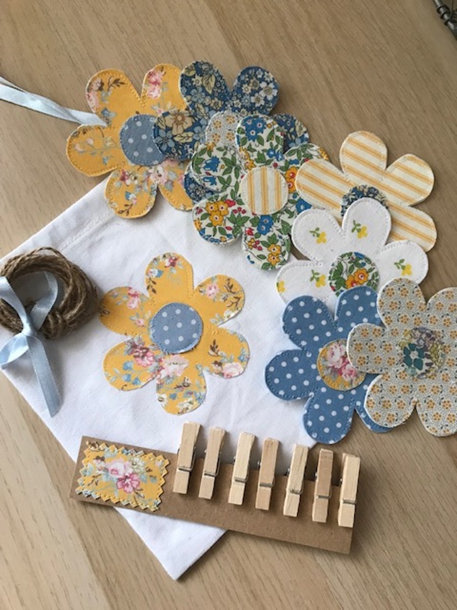 Blue and yellow floral dresser garland, made from recycled fabrics