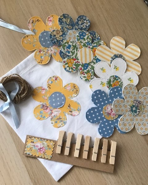 Blue and yellow floral dresser garland, made from recycled fabrics