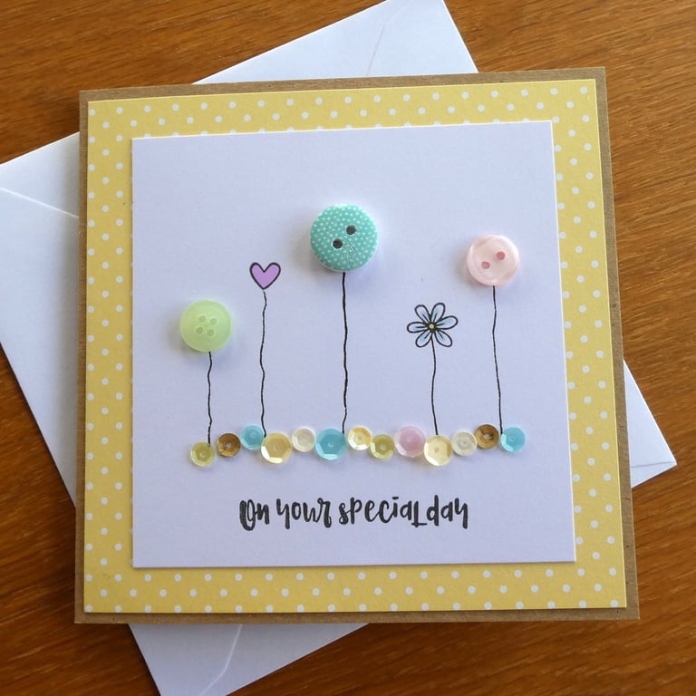 On Your Special Day Card - Buttons, Hearts and Sequins - Kraft - Yellow