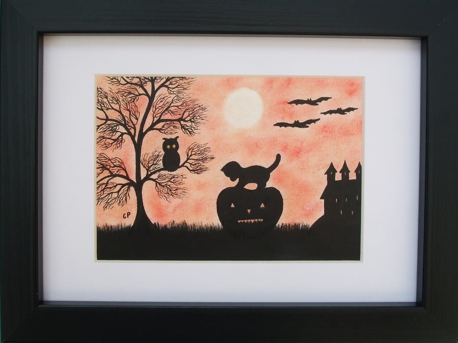 Cat Pumpkin Owl Silhouette, Framed Art Picture, Halloween Gift, Black Kitten