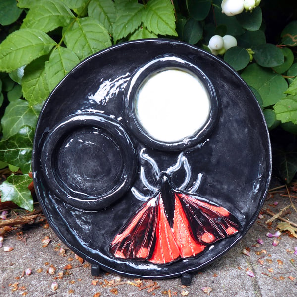 Cinnabar Moth and Moon Ceramic Tea Light Holder - Hand Sculpted