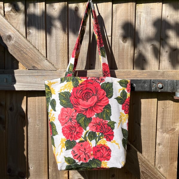 'Carnations & Roses' 1950s Vintage Fabric Tote Bag, Analog Bag, Shopping Bag