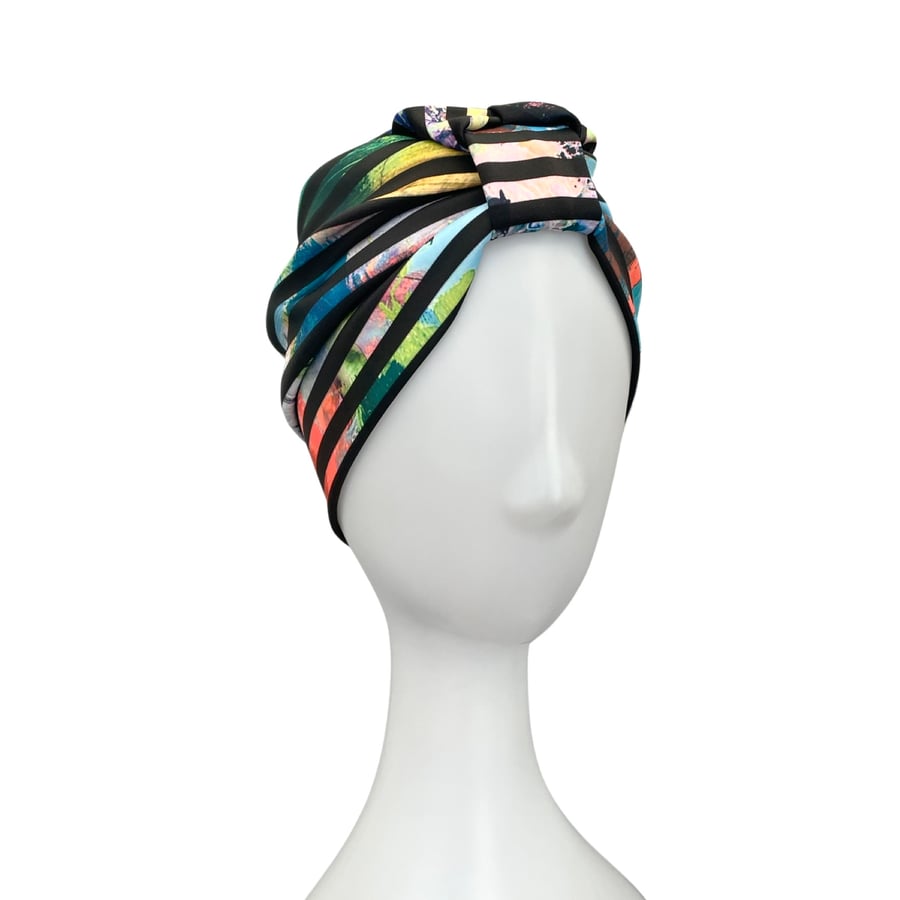 Black and White Striped Floral Turban Head Wrap for Women