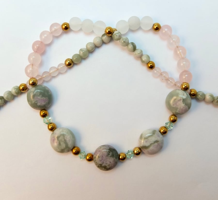 Peace Jade, Rose Quartz, White Jade & Swarovski Necklace - Handmade In Devon.