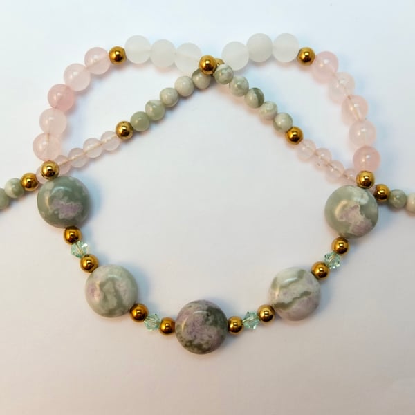 Peace Jade, Rose Quartz, White Jade & Swarovski Necklace - Handmade In Devon.