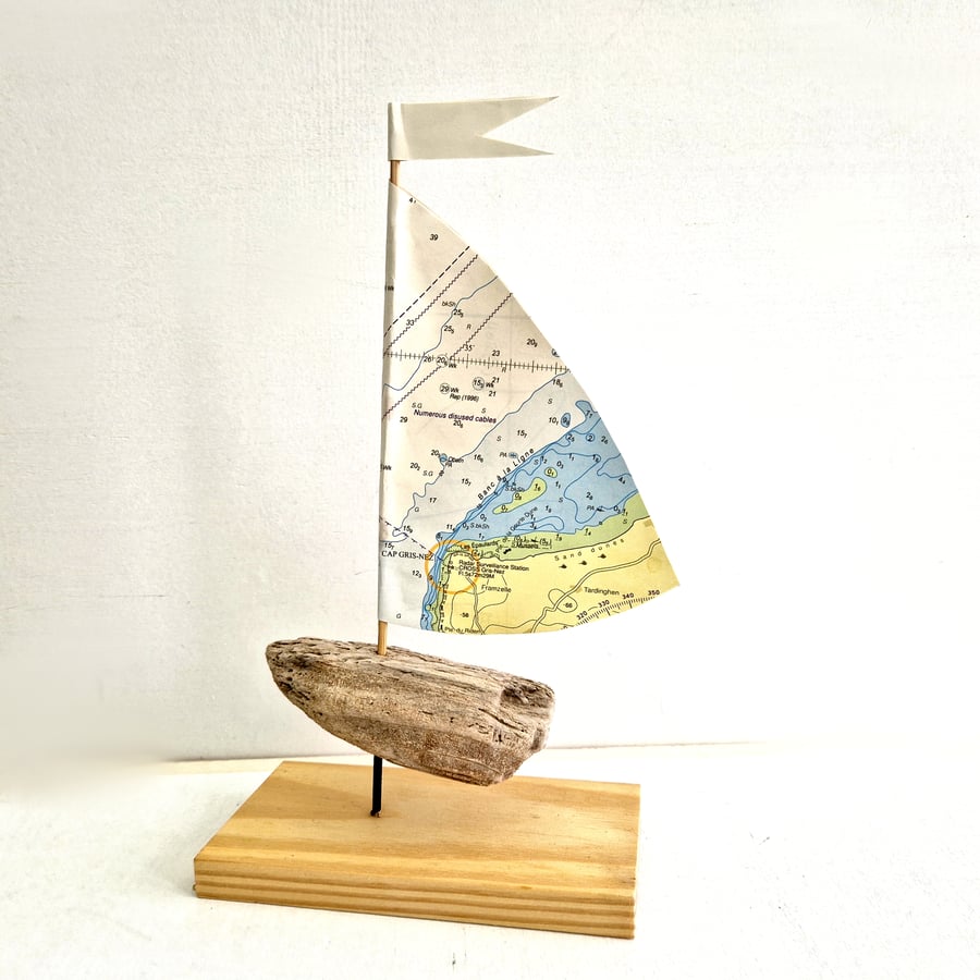 France - Cap Gris-Nez driftwood sailboat ornament, authentic nautical map sail