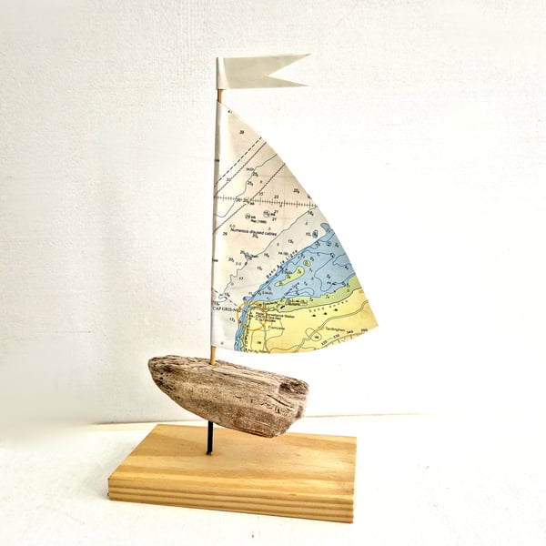 France - Cap Gris-Nez driftwood sailboat ornament, authentic nautical map sail