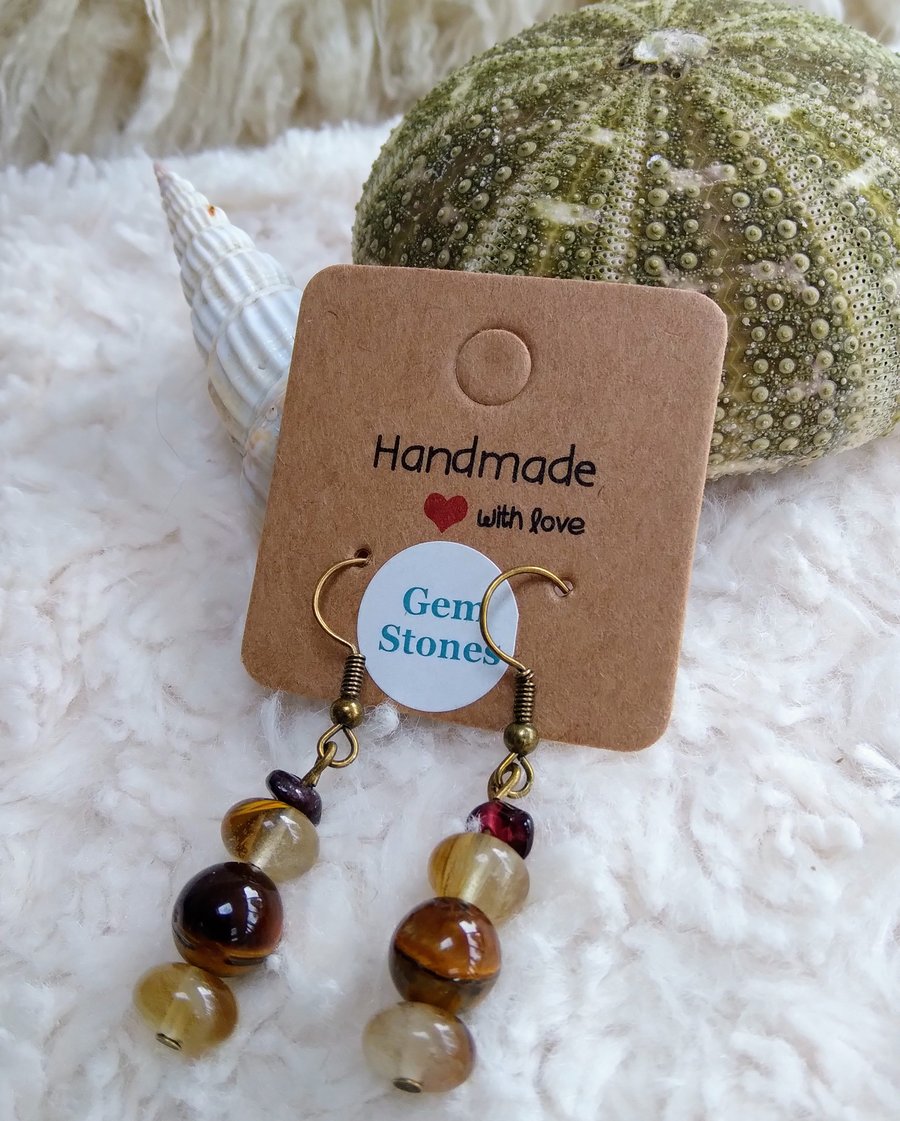 Tiger Eye and Tourmaline gemstone bronze EARRINGS