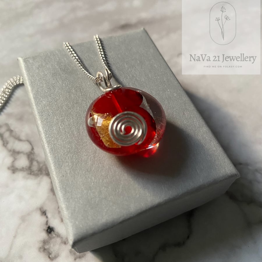 Red lampwork glass wire wrapped bead pendant- REF: RP 110921
