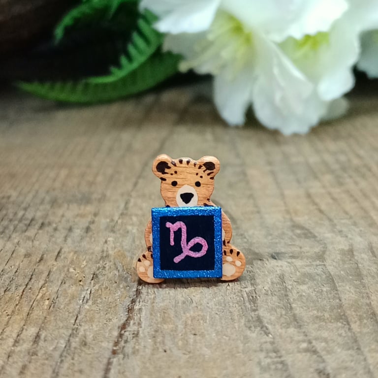 Capricorn Bear Pin, Handmade Tiny Star Sign Wooden Teddy Badge