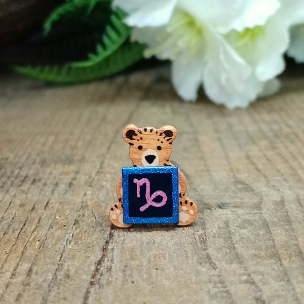 Capricorn Bear Pin, Handmade Tiny Star Sign Wooden Teddy Badge
