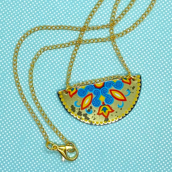 Recycled vintage tin semi circle gold, blue & orange pendant necklace