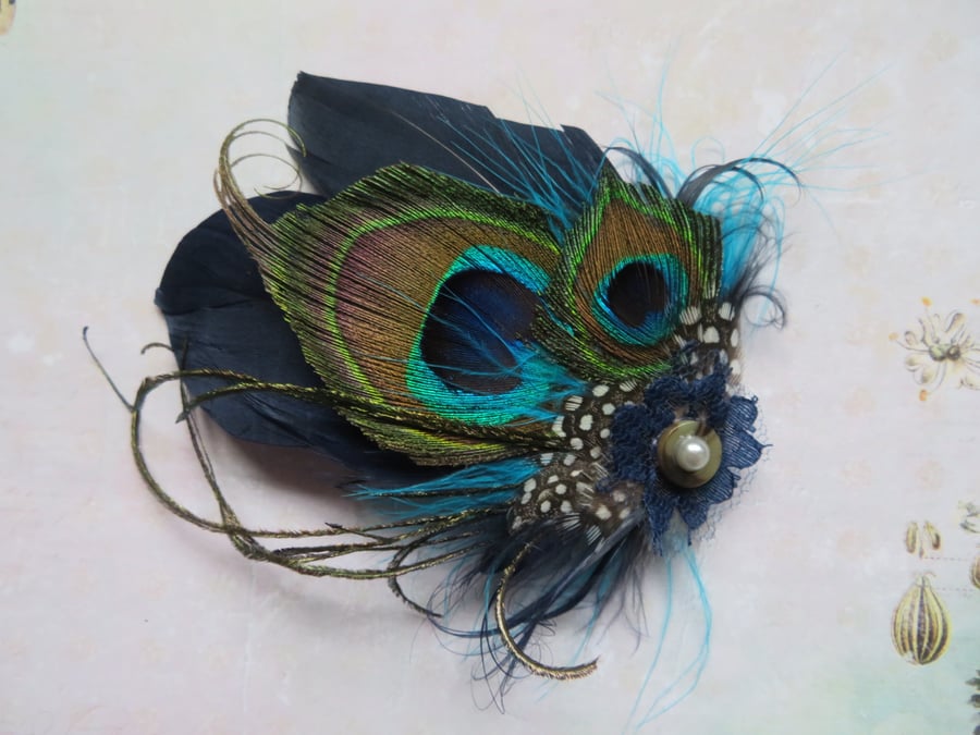 Navy Blue Peacock Feather Vintage Style Hair or Hat Clip 