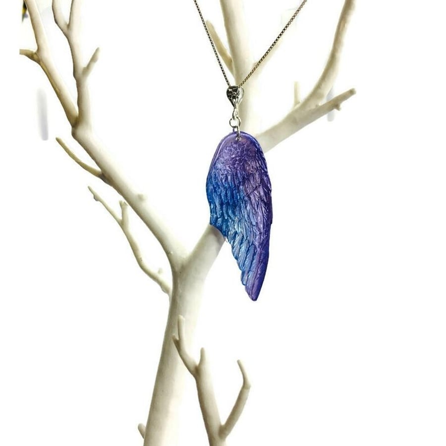 Angel wing feather purple and blue pendant and chain
