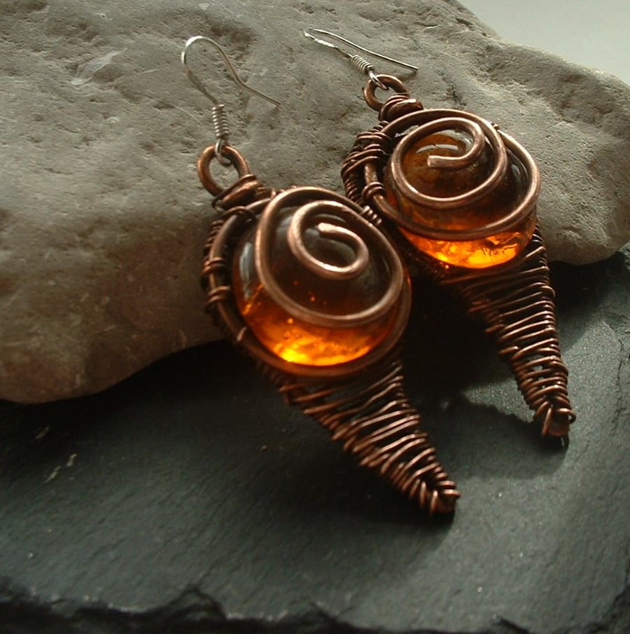 "Tangerine Dream" Rustic Wire Wrapped Copper & Glass Earrings