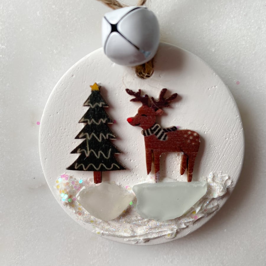 Hanging ceramic Christmas decoration with Cornwall sea glass 