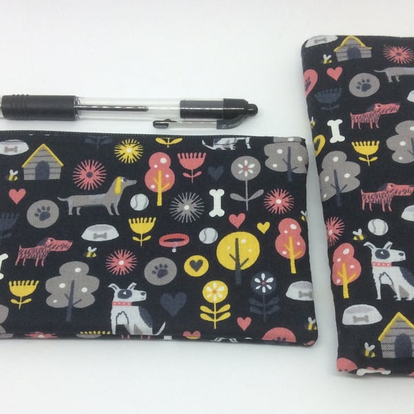 Beautiful bundle Glasses case and matching pencil case, dog motifs 