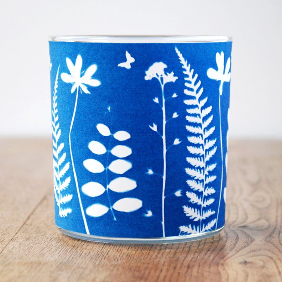 Spring hedgerow Cyanotype candle holder Blue & White 