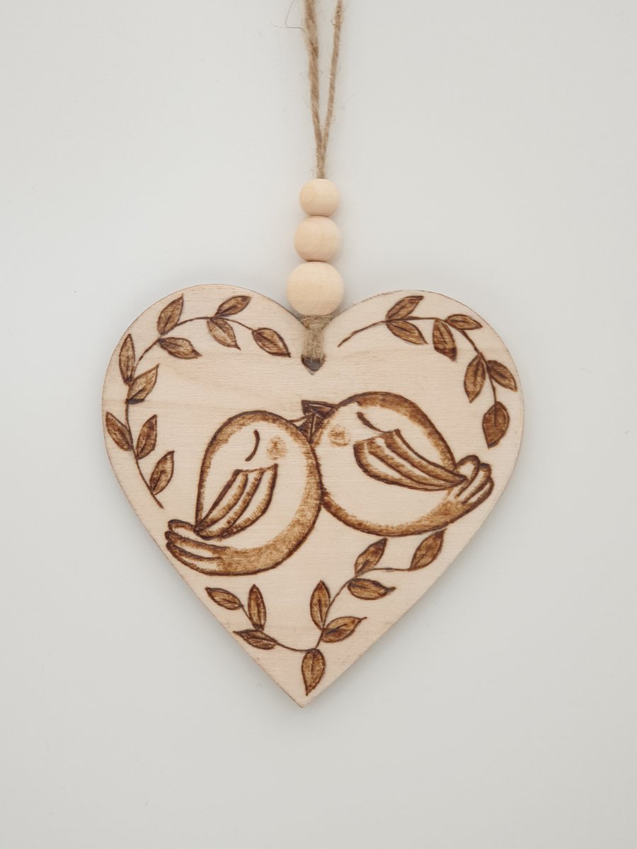 Love birds,  pyrography wooden love heart hanging decoration, Valentines gift