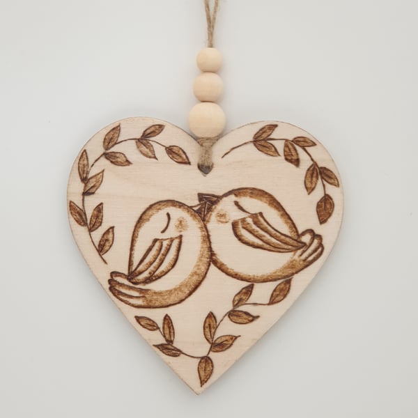 Love birds,  pyrography wooden love heart hanging decoration, Valentines gift