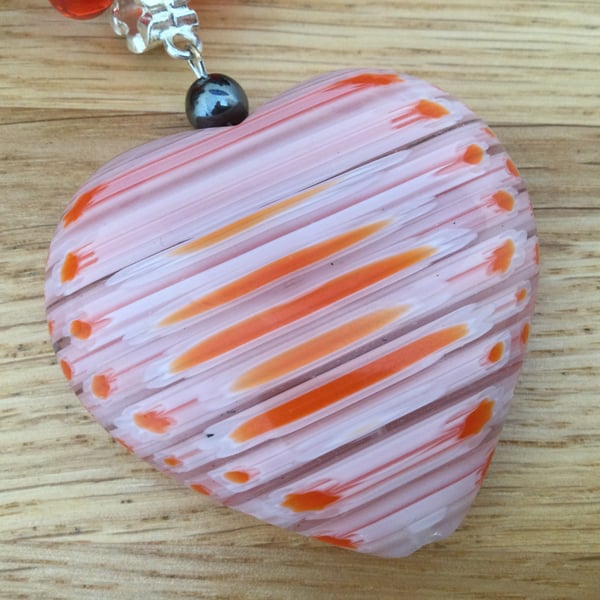 Orange and White Striped Murano Style Glass Heart Necklace