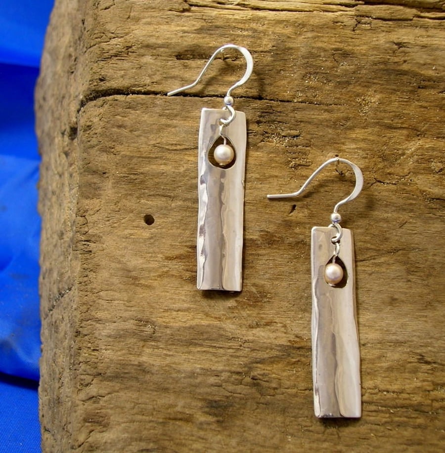 Silver and Pearl Earrings, Hammered Silver and Pearl Earrings, Handmade.
