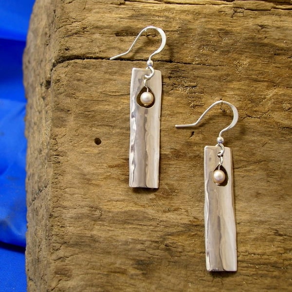 Silver and Pearl Earrings, Hammered Silver and Pearl Earrings, Handmade.