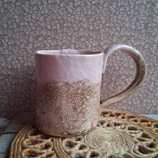 READY TO SHIP floral texture Ceramic handmade coffee mug wheat and pink