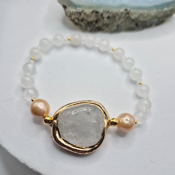 Clear Quartz & Natural Pearl Stretch Bracelet with Gold Edged Quartz Focal