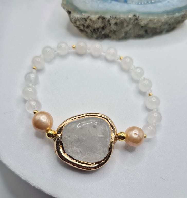 Clear Quartz & Natural Pearl Stretch Bracelet with Gold Edged Quartz Focal
