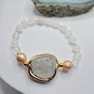 Clear Quartz & Natural Pearl Stretch Bracelet with Gold Edged Quartz Focal