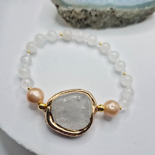 Clear Quartz & Natural Pearl Stretch Bracelet with Gold Edged Quartz Focal