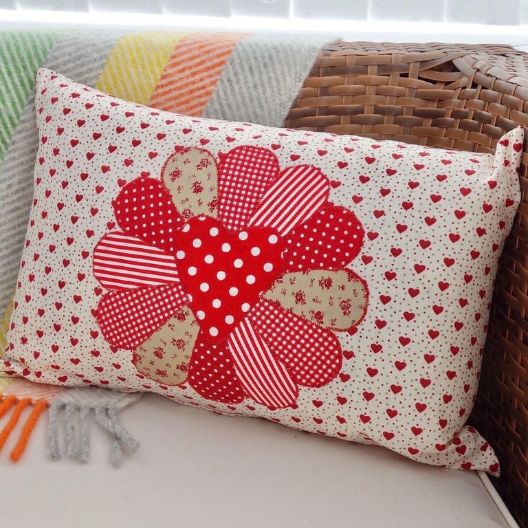 Red Dresden: Appliqué Cushion 43x30cm with Red Hearts