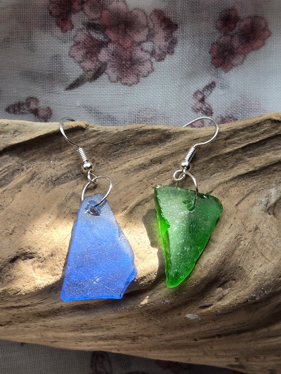 Blue and Green earrings, triangular blue and green earrings, one blue one green 